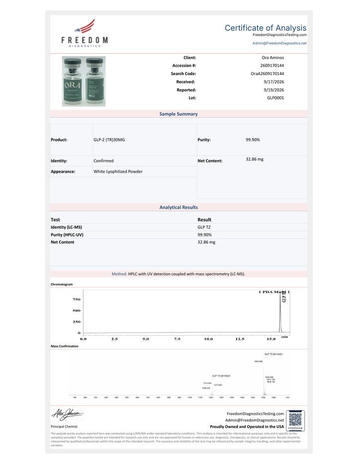 A Freedom Diagnostics certificate of analysis for GLP-2 (TR) 30mg